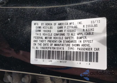 2013 Honda Accord Ex-L from USA, damaged, VIN 1HGCR2F87DA155478
